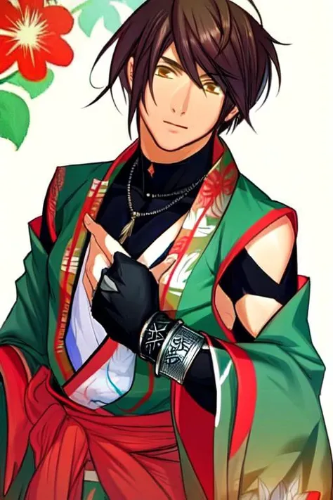 (masterpiece),(best_quality),1boy,Kannon,shoulder cutout,gloves,bracelet,green kimono,floral print,tassel,detached sleeves,green sleeves,looking at the viewer,<lora:Kannon:1>,