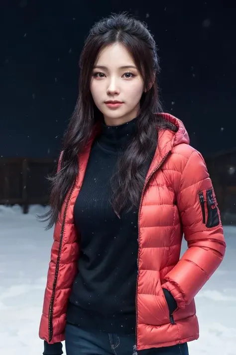 mature body, masterpiece, best quality, ultra-detailed, ultra high res, (photorealistic:1.4), raw photo, (realistic:0.2), CG, {4k|8k} HDR, perfect lighting, 1girl, solo, looking at viewer, (winter clothes, padded jacket), outdoor, (snow, snowflakes), night, aurora sky, upper body, asymmetrical wavy long hair, (detailed oily skin, medium breasts:1), (detailed background :1.1), hands in pocket,