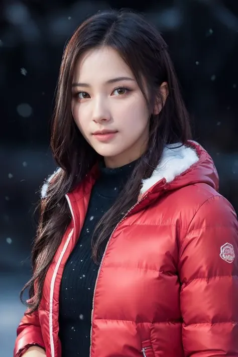 mature body, masterpiece, best quality, ultra-detailed, ultra high res, (photorealistic:1.4), raw photo, (realistic:0.2), CG, {4k|8k} HDR, perfect lighting, 1girl, solo, looking at viewer, (winter clothes, padded jacket), outdoor, (snow, snowflakes), night, aurora sky, upper body, asymmetrical wavy long hair, (detailed oily skin, medium breasts:1), (detailed background :1.1), hands in pocket,