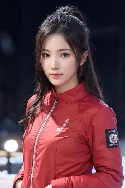 mature body, masterpiece, best quality, ultra-detailed, ultra high res, (photorealistic:1.4), raw photo, (realistic:0.2), CG, {4k|8k} HDR, perfect lighting, 1girl, solo, looking at viewer, (winter clothes, padded jacket), outdoor, (snow, snowflakes), night, aurora sky, upper body, asymmetrical wavy long hair, (detailed oily skin, medium breasts:1), (detailed background :1.1), hands in pocket,