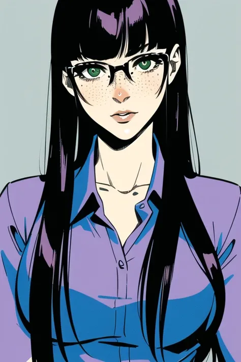 <lora:Punchline:0.8>, woman, long hair, black hair, bangs, solo, glasses, green eyes,collared shirt, blunt bangs, freckles,, (masterpiece:1.0), (best quality:1.0), (8k wallpaper:1.0), extremely delicate and beautiful, (beautiful detailed face:1.0), (detailed deep eyes),  symmetrical breasts, deep eyes,