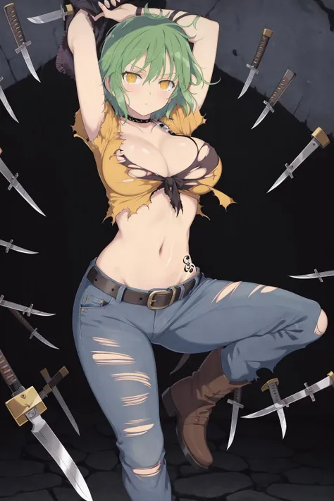 masterpiece, best quality, hikage (senran kagura),1girl, breasts, solo, green hair, large breasts, torn pants, torn clothes, navel, pants, cleavage, knife, jeans, denim, tattoo, holding, yellow eyes, short hair, midriff, torn jeans, belt, looking at viewer, shirt, full body, weapon, crop top, holding knife, boots, arms up, slit pupils, torn shirt, short sleeves<lora:hikage_senran kagura-000012:0.5> <lora:Senran_kagura_style:0.6>