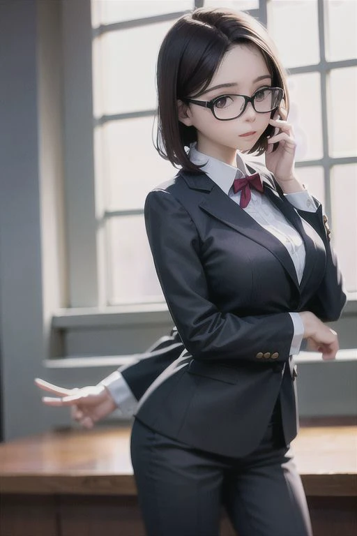 (masterpiece), best quality, expressive eyes, perfect face, ((glasses)), business suit, 64k, HD, big breasts, photorealistic, ultrarealistic, Canon EOS R6, 85mm, 1/200s, f/5.6, ISO 200, nice hands, perfect hands, cinematic, in class room, <lora:epiCRealismHelper:1>, photorealistsic, cinematic lighting, Volumptous, 30yo