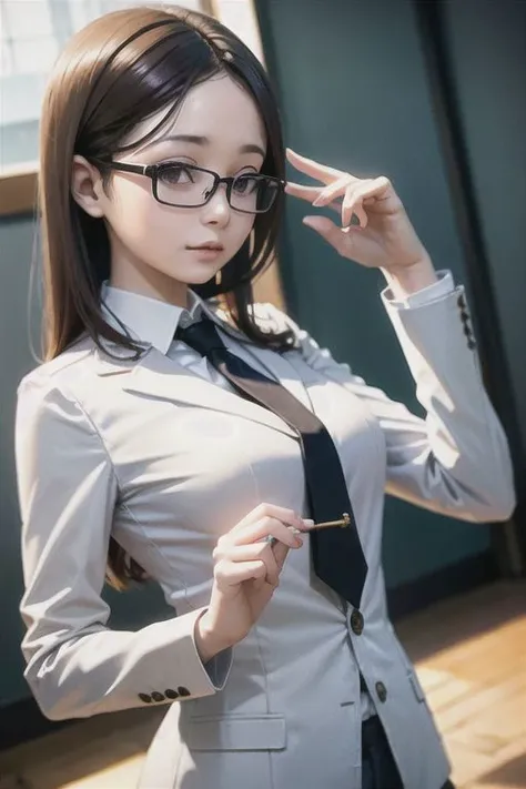 (masterpiece), best quality, expressive eyes, perfect face, ((glasses)), business suit, 64k, HD, big breasts, photorealistic, ultrarealistic, Canon EOS R6, 85mm, 1/200s, f/5.6, ISO 200, nice hands, perfect hands, cinematic, in class room, <lora:epiCRealismHelper:1>, photorealistsic, cinematic lighting, Volumptous, 30yo