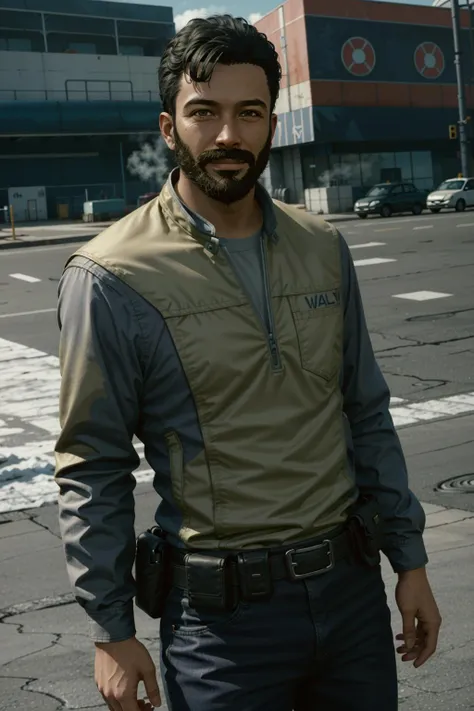 BarettStarfield, facial hair, beard, 1boy, male focus, looking at viewer, realistic, shirt, black hair, outdoors, mustache, belt, smile, long sleeves, solo, pouch, pants, jacket, black eyes, blue pants, standing, brown hair, arms at sides, blue shirt, closed mouth, belt pouch, short hair
,masterpiece, best quality, cinematic lighting,
<lora:epi_noiseoffset2:1>, <lora:BarettStarfield:0.7>