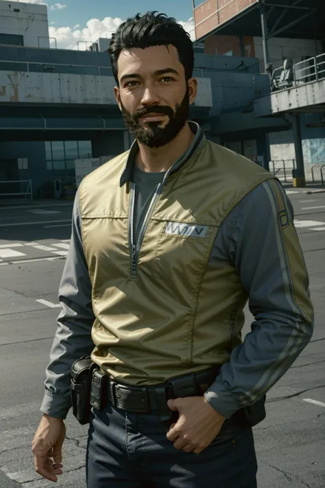 BarettStarfield, facial hair, beard, 1boy, male focus, looking at viewer, realistic, shirt, black hair, outdoors, mustache, belt, smile, long sleeves, solo, pouch, pants, jacket, black eyes, blue pants, standing, brown hair, arms at sides, blue shirt, closed mouth, belt pouch, short hair
,masterpiece, best quality, cinematic lighting,
<lora:epi_noiseoffset2:1>, <lora:BarettStarfield:0.7>