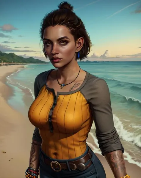 dani, solo, brown hair,lips, brown eyes,chest tattoo, hair bun ,
pants,earrings,denim,jeans,holster, belt ,bracelet, yellow shirt, shoes, standing, upper body, looking at viewer, smirk, beach shore, morning,
(insanely detailed, beautiful detailed face, masterpiece, best quality), <lora:DaniRojas-10v6:0.8>