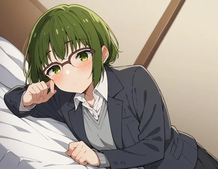 score_9, score_8_up, score_7_up, source_anime,
sakurakouno, <lora:sakura-kouno-s2-ponyxl-lora-nochekaiser:1>,
sakura kouno, short hair, bangs, green eyes, green hair, glasses, semi-rimless eyewear, over-rim eyewear,
shirt, school uniform, jacket, collared shirt, blazer, sweater, grey sweater, white shirt, black blazer, skirt, black skirt,
indoors, bed, bed room, on side, blush, drunk,
cowboy shot, looking at viewer, solo, dutch angle,