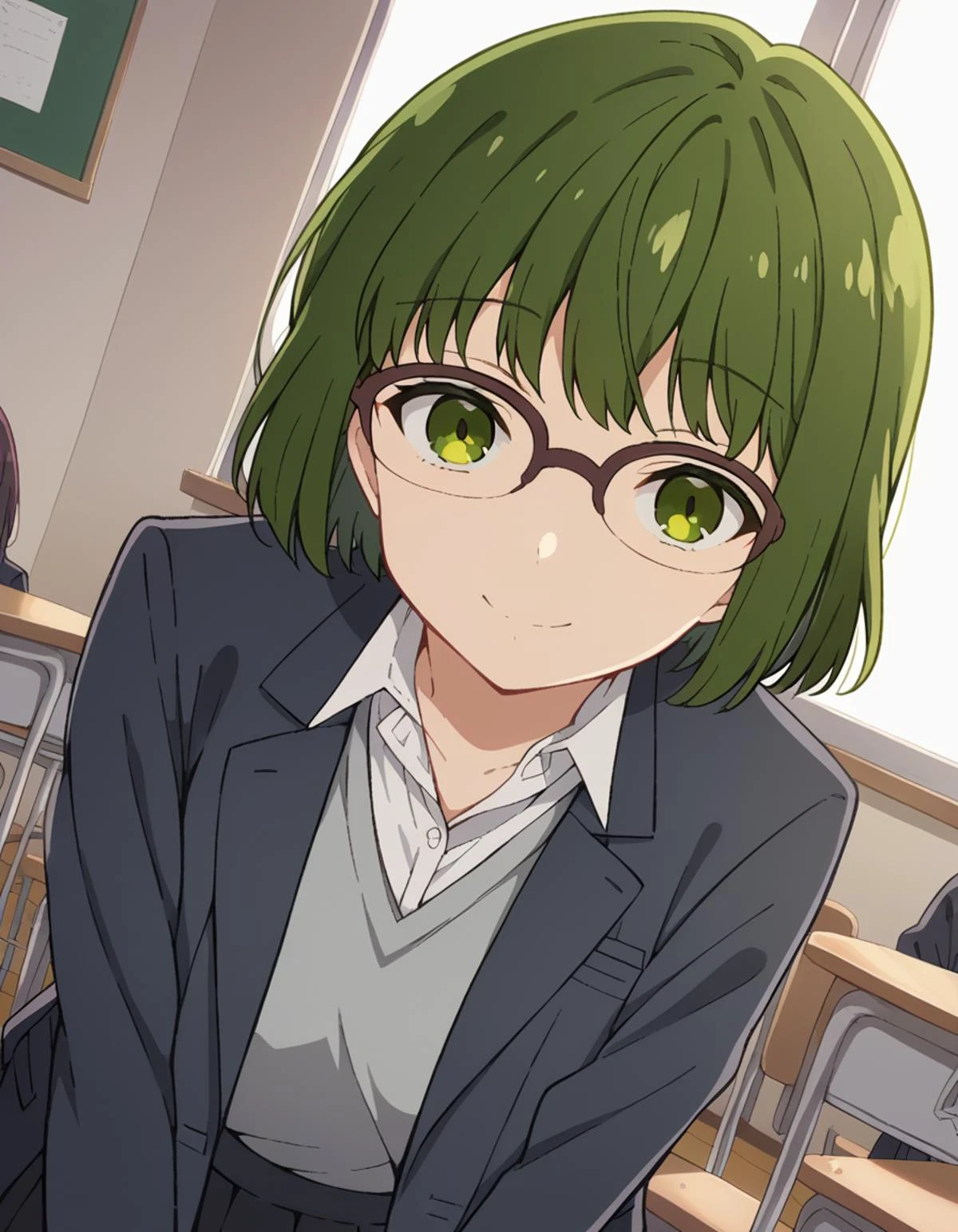score_9, score_8_up, score_7_up, source_anime,
sakurakouno, <lora:sakura-kouno-s2-ponyxl-lora-nochekaiser:1>,
sakura kouno, short hair, bangs, green eyes, green hair, glasses, semi-rimless eyewear, over-rim eyewear,
shirt, school uniform, jacket, collared shirt, blazer, sweater, grey sweater, white shirt, black blazer, skirt, black skirt,
indoors, classroom, smile, bent over,
cowboy shot, looking at viewer, solo, dutch angle,