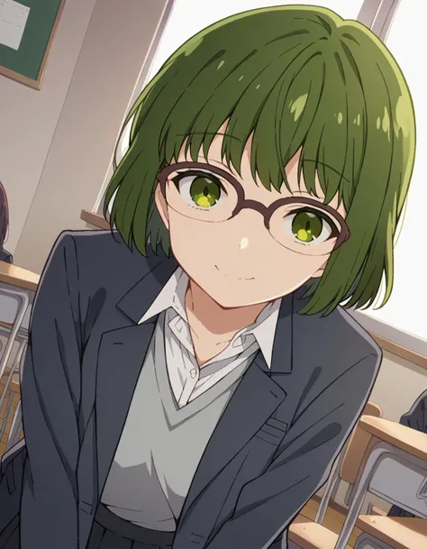 score_9, score_8_up, score_7_up, source_anime,
sakurakouno,  <lora:sakura-kouno-s2-ponyxl-lora-nochekaiser:1>,
sakura kouno, short hair, bangs, green eyes, green hair, glasses, semi-rimless eyewear, over-rim eyewear,
shirt, school uniform, jacket, collared shirt, blazer, sweater, grey sweater, white shirt, black blazer, skirt, black skirt,
indoors, classroom, smile, bent over,
cowboy shot, looking at viewer, solo, dutch angle,