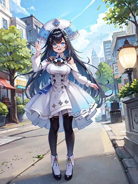 ( rosalyn ), hololive, 1girl, (masterpiece), (best-quality), (detailed), blue hair, blue eyes, cute, large_breasts, long hair, round eyewear, monocle, hat, looking at viewer, facing viewer, park, road, lamp, city, tree, full_body,