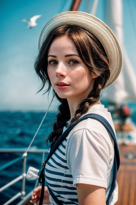 BrookeW_SoloTI_v1,
(Decked out in a striped sailor shirt paired with high-waisted shorts and a captain's hat, with rope accents and anchor motifs),
(On the deck of a sailing ship, with billowing sails and the salty sea breeze filling the air, as seagulls circle overhead and waves gently lap against the hull:1.3),
(seductive:1.3),(analog, cinematic, film grain, hazy atmosphere, cinematic shot:1.3),
<lora:add_detail:0.6>,<lora:LowRa:0>, PA7_Portrait-MCU,