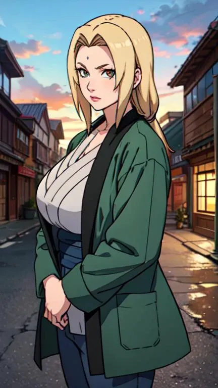 Tsunade, blonde hair, huge breasts, mature female, blue pants, green coat, chest bandage <lora:tsunadeV1ANYTHINK70:0.6>, (masterpiece:1.2, best quality:1.2, beautiful, high quality, highres:1.1, aesthetic), detailed, extremely detailed, ambient soft lighting, 4K, perfect lighting