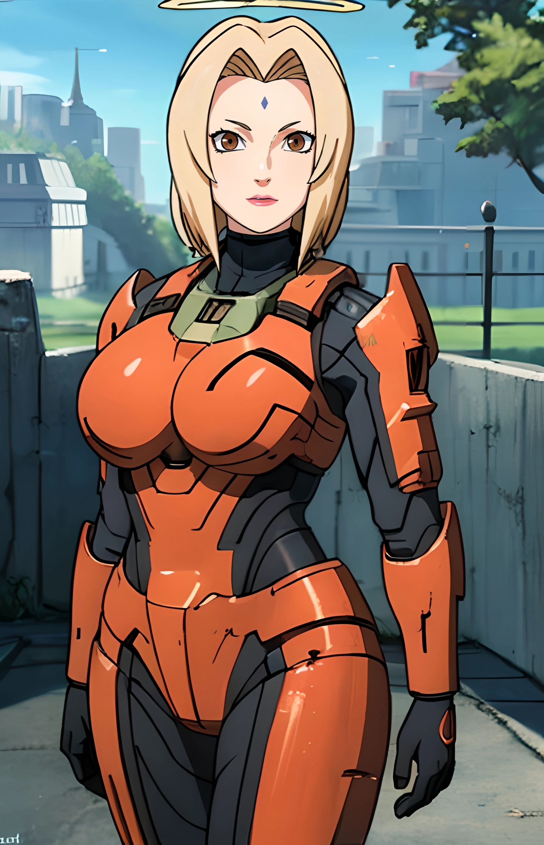 masterpiece, best quality, highres, best quality, the greatest details, 8k, UHD, HD, 1girl, realistic, side lighting, wallpaper,
<lora:edgHalo:1>, <lora:TsunadeV1:0.8>, <lora:add_detail:1>, <lora:easynegative:1>,
(Photo up to the waist, up to the waist:1.2), Tsunade, blonde hair, (edge Halo:1.2), (power armor:1.2), armor, Closed mouth, slight smile
beautiful brown eyes, Gorgeous lips, large breasts, big breasts, mature female,