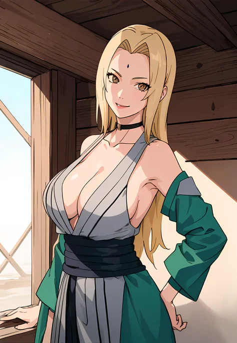 tsunade ,green robe,outside,old city, neon lights,night time,moon,show tits