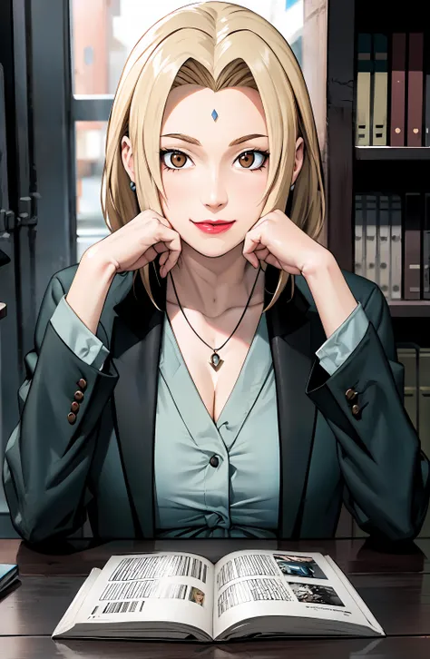 good anatomy, masterpiece, best quality, 4k, 8k, professional photography, soft light, sharp focus, office space, 1 girl, sitting in chair, blonde hair, white button up shirt, blonde hair, parted banks, detailed face+brown eyes, smile, closed lips, lipstick, necklace, bookshelves, windows, desklamp,   <lora:tsunadeV1ANYTHINK70:0.7>