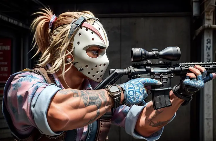 miami darryl,
m4a1, rifle, trigger discipline, aiming, from side, holding gun,
(masterpiece, best quality, ultra-detailed, best shadow, volumetric lighting), (beautiful detailed face, beautiful detailed eyes), (best illumination),
1boy, blonde hair, building, jacket, solo, mask on head, pink shirt, hawaiian shirt, bulletproof vest, floral print,
outdoors,
