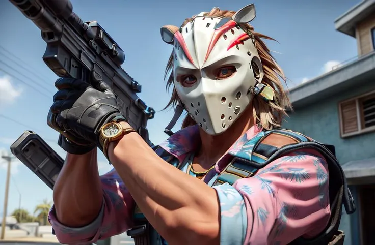 miami darryl,
m4a1, rifle, trigger discipline, aiming, from side,
(masterpiece, best quality, ultra-detailed, best shadow, volumetric lighting), (beautiful detailed face, beautiful detailed eyes), (best illumination),
1boy, blonde hair, building, jacket, solo, mask on head, pink shirt, hawaiian shirt, bulletproof vest, floral print,
outdoors,