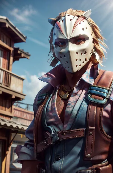 miami darryl, dynamic pose, cowboy shot,
(masterpiece, best quality, ultra-detailed, best shadow, volumetric lighting), (beautiful detailed face, beautiful detailed eyes), (best illumination),
1boy, blonde hair, building, jacket, solo, mask on head, pink shirt, hawaiian shirt, bulletproof vest, floral print,
outdoors,
