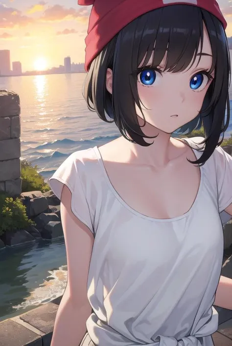 pokemonselene, <lora:pokemonselene-lora-nochekaiser:1>,
pokemonselene, black hair, blue eyes, short hair, bangs, blunt bangs, (small breasts:1.2),
BREAK beanie, collarbone, green shorts, hat, red headwear, shirt, short sleeves, shorts, tied shirt, yellow shirt,
BREAK looking at viewer, upper body, full body,
BREAK outdoors, city, sky, sun,
BREAK <lyco:GoodHands-beta2:1>, (masterpiece:1.2), best quality, high resolution, unity 8k wallpaper, (illustration:0.8), (beautiful detailed eyes:1.6), extremely detailed face, perfect lighting, extremely detailed CG, (perfect hands, perfect anatomy),