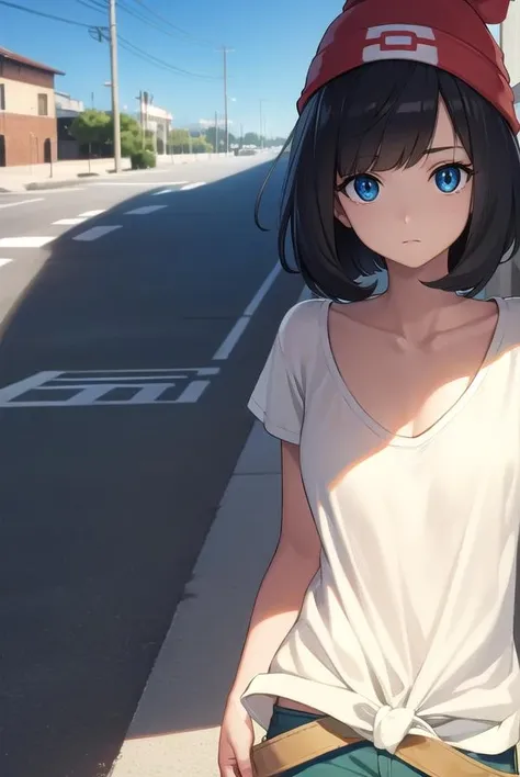 pokemonselene, <lora:pokemonselene-lora-nochekaiser:1>,
pokemonselene, black hair, blue eyes, short hair, bangs, blunt bangs, (small breasts:1.2),
BREAK beanie, collarbone, green shorts, hat, red headwear, shirt, short sleeves, shorts, tied shirt, yellow shirt,
BREAK looking at viewer, upper body, full body,
BREAK outdoors, city, sky, sun,
BREAK <lyco:GoodHands-beta2:1>, (masterpiece:1.2), best quality, high resolution, unity 8k wallpaper, (illustration:0.8), (beautiful detailed eyes:1.6), extremely detailed face, perfect lighting, extremely detailed CG, (perfect hands, perfect anatomy),