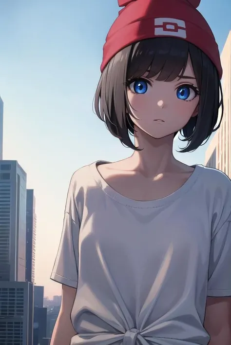 pokemonselene, <lora:pokemonselene-lora-nochekaiser:1>,
pokemonselene, black hair, blue eyes, short hair, bangs, blunt bangs, (small breasts:1.2),
BREAK beanie, collarbone, green shorts, hat, red headwear, shirt, short sleeves, shorts, tied shirt, yellow shirt,
BREAK looking at viewer, upper body, full body,
BREAK outdoors, city, sky, sun,
BREAK <lyco:GoodHands-beta2:1>, (masterpiece:1.2), best quality, high resolution, unity 8k wallpaper, (illustration:0.8), (beautiful detailed eyes:1.6), extremely detailed face, perfect lighting, extremely detailed CG, (perfect hands, perfect anatomy),