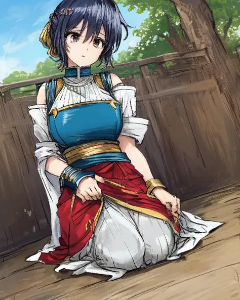 <lyco:Takamuran-NAI-LyCORIS:0.9>
a female knight sitting outdoors, seiza, blue sky