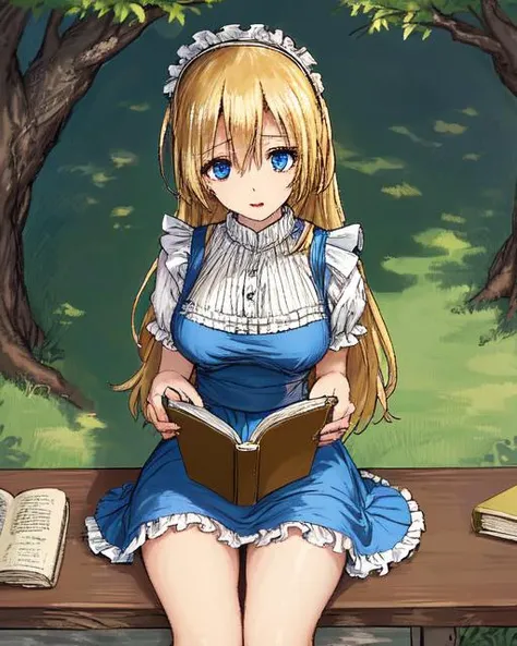 <lyco:Takamuran-NAI-LyCORIS:0.9>
1girl, long blonde hair, blue eyes, blue dress, white frilly apron, hairband,sitting under a tree outdoors reading a book