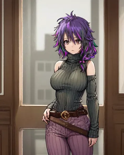 <lyco:Takamuran-NAI-LyCORIS:0.9>
1girl, solo,standing,   ribbed sweater, pants, belt,,multicolored hair, turtleneck, purple hair, breasts, bare shoulders, braid