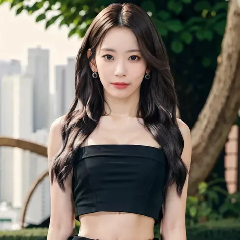 a woman, natural skin color, masterpiece, best quality, photorealistic, hyper realistic, ultra detailed, perfect lighting, depth of field, shadows, Nikon RAW photo, 8k, Fujifilm XT3, midriff, portrait:1.2, (black dress), (at the park), <lora:httpsakura:0.85>