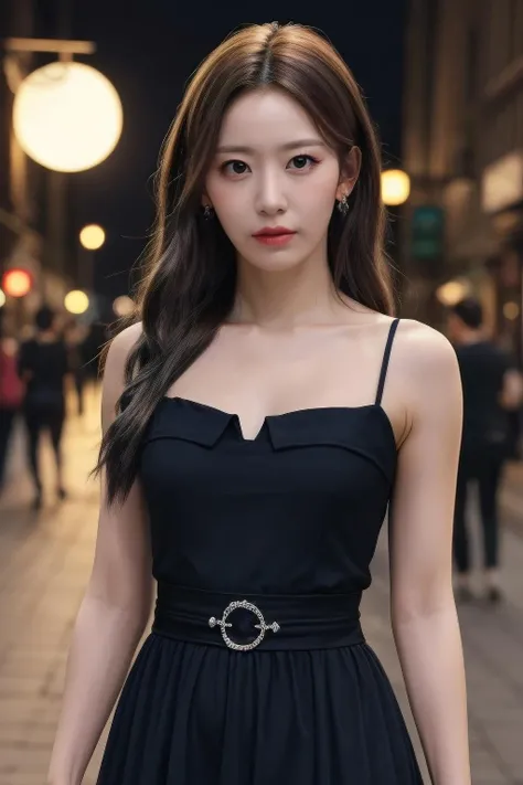 skr1, a woman, (realistic), (hyperrealism), (photorealistic), depth of field, eye makeup:0.5, (upper body:1.2), (narrow waist), looking at the viewer, black dress, walking, at the dark streets, moonrise, <lora:httpsakura:0.45>