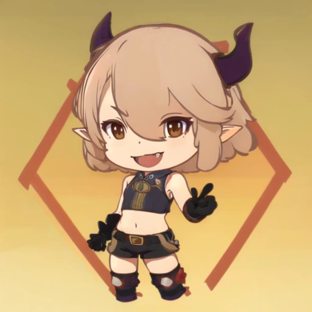 youukki, smile, short hair, red hair, oni horns, brown eyes, hair between eyes, pointy ears, skin-covered horns, looking at viewer, gloves, black gloves, midriff, sleeveless, fang, bare shoulders, shorts, <lora:Himesama_Goumon_Youukki_00_01:0.8>, brdrgi, chibi, <lora:Border_GIi_00_02:1.0>