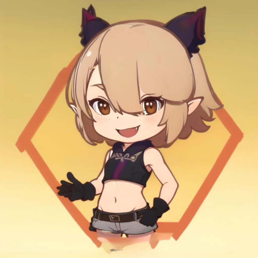 youukki, smile, short hair, red hair, oni horns, brown eyes, hair between eyes, pointy ears, skin-covered horns, looking at viewer, gloves, black gloves, midriff, sleeveless, fang, bare shoulders, shorts, <lora:Himesama_Goumon_Youukki_00_01:0.8>, brdrgi, chibi, <lora:Border_GIi_00_02:1.0>