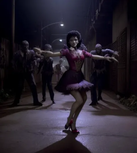 a woman with zombie-like features dancing a thriller dance in a rainy city street, highly detailed, cinematographic, dark and moody, (best quality,4k,8k,highres,masterpiece:1.2),ultra-detailed,(realistic,photorealistic,photo-realistic:1.37),horror,thriller,dark fantasy,dramatic lighting,cinematic,rainy weather,wet pavement,neon lights,moody atmosphere,dramatic poses,exaggerated expressions,gritty urban setting,detailed cityscape,dark colors,blue and purple tones