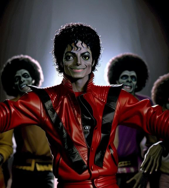 mjthriller michael jackson zombie laughing in the movie theater, intricate detail, detailed face, very sharp, high quality, professional photography <lora:hjmjthriller_v10-000003:0.9>