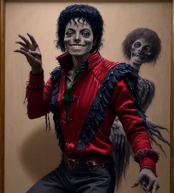 mjthriller portrait of smiling michael jackson dancing with zombies in a dark alley, intricate detail, detailed face, very sharp, high quality, (medieval danse macabre painting:1.1) <lora:hjmjthriller_v10:0.7>