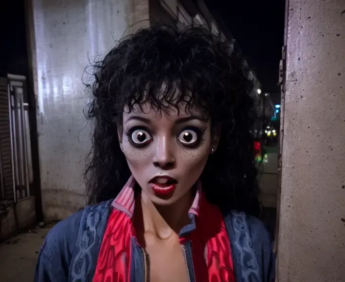 mjthriller girlfriend girl woman scared in the street at night, intricate detail, detailed face, very sharp, high quality, professional photography <lora:hjmjthriller_v10:0.8>