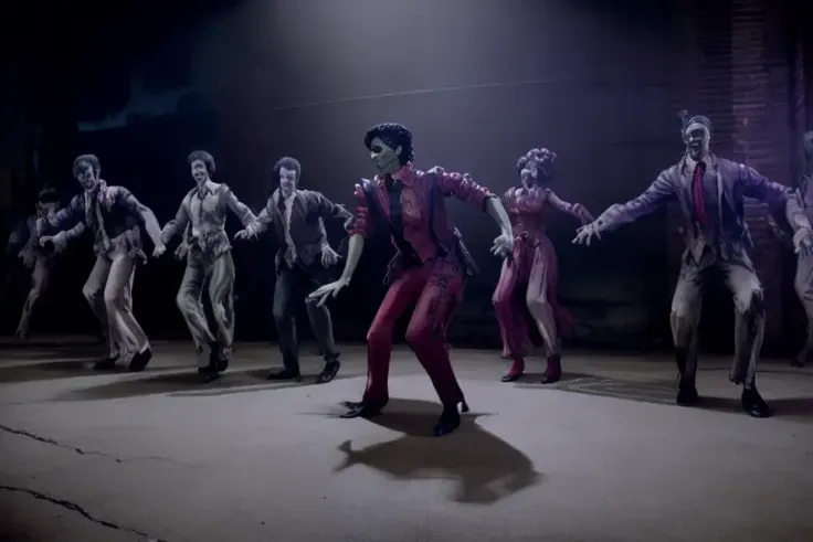 mjthriller group of zombies dancing in a dark alley, intricate detail, detailed face, very sharp, high quality, professional photography  <lora:hjmjthriller_v10:0.9>