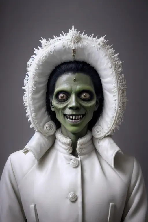 mjthriller portrait of smiling zombie in a very elegant white puffer coat, intricate detail, detailed face, very sharp, high quality, professional photography <lora:hjmjthriller_v10:0.7>