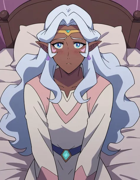 score_9, score_8_up, score_7_up, source_anime,
princessallura, <lora:princess-allura-anime-ponyxl-lora-nochekaiser:1>,
allura, blue eyes, white hair, pointy ears, dark skin, dark-skinned female, facial mark, elf, dark elf,
long hair, wavy hair, cardigan, long sleeves, dress, white dress,
indoors, bed, bed room, on side, blush, drunk,
looking at viewer, cowboy shot, solo, dutch angle,