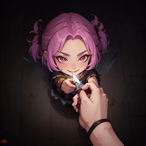 (masterpiece, best quality, absurdres, 4k, aesthetic, detailed, intricate, perfect lighting), anzhcgodoacrime,from above, chibi, pov, holding knife,evil smile,glowing eyes <lora:AnzhcGoDoACrime2_118390:1>