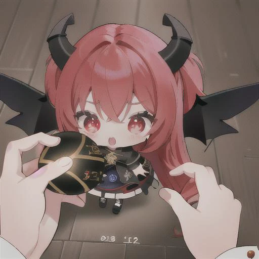 <lyco:GoDoACrime meme:1.0>, godoacrime, from above, chibi, pov, holding magic orb, long red hair:2, black demon wings:2, curved horns:2, red eyes:2, (demonic dress):2, by artgerm, cinematic 4k wallpaper,ultra detailed, high resolution, artstation, award winning