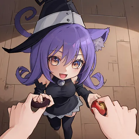 masterpiece, best quality, <lora:BlairSoulEaterV2-000100:1>, BlairSE, 1girl, solo, witch_hat, thighhighs, short_dress, large_breasts, long_hair, looking_at_viewer, black_dress, :3, cat_ears, black_thighhighs, smile, wide_sleeves, open_mouth, detached_sleeves, bare_shoulders, godoacrime, from above, chibi, pov, holding apple, <lora:GoDoACrime meme:1>