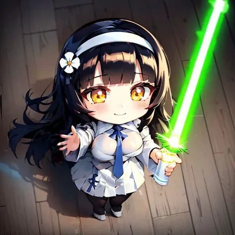 <lora:h 24.1.5 \NkfVhAnzhcGoDoACrime2_118390:0.6>,godoacrime,anzhcgodoacrime,(from above),pov,(chibi,holding light saber:1.5),wooden floor,
Delicatearmsandhands,extremely detailed CG unity 8k wallpaper,masterpiece,best quality,
qbz95bkngfl,<lora:r 3.6 95_  (long black hair1.5),(white_hairband1.2),yellow_EYES,tareme eyes , (gigantic_breasts),(white skirt),pantyhose,HIGH_HEELS,  qbz95GFL2in1Ver_releaseV20:0.8:lbw=PERSON>,
long black hair,(black hair,white_hairband:1.3),yellow_EYES,tareme,blue necktie,gigantic_breasts,(white skirt:1.3),microskirt,black pantyhose,light smile,
1girl handing light saber to pov hand,