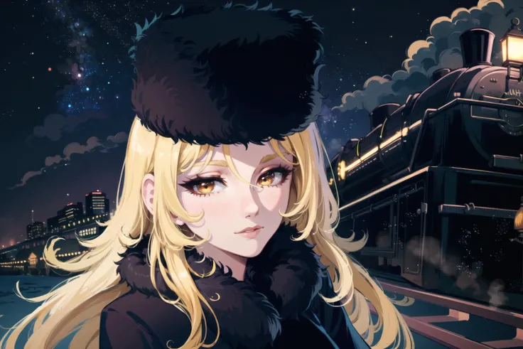 8k,(masterpiece:1.4)(best quality:1.4),(top quality), 1girl,maetal, long hair, blonde hair, yellow eyes,fur trim, black headwear,fur hat,steam train station, outdoor, night galaxy, looking at viewer, solo focus,(shiny skin), , <lora:maetel:0.7>