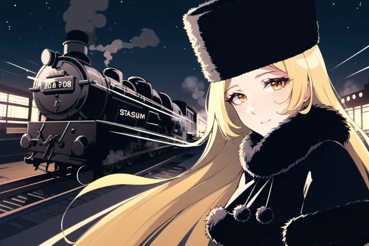 8k,(masterpiece:1.4)(best quality:1.4),(top quality), 1girl,maetal, long hair, blonde hair, yellow eyes,fur trim, black headwear,fur hat,steam train station, outdoor, night galaxy, looking at viewer, solo focus,(shiny skin), , <lora:maetel:0.7>