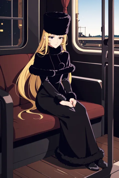 8k,(masterpiece)(best quality),(top quality), 1girl,maetel, long hair, blonde hair, black eyes,fur trim, black headwear, fur hat, dress,full body, sitting in an old train, looking outside window, night, galaxy outside, (shiny skin), <lora:maetel:0.7>