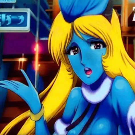 city daylight <lora:LEIJIMATSUMOTOmaetel:0.8> , retro artstyle, blue skin <lora:yukiMori_v10:0.9> blonde party orange dress singing long face