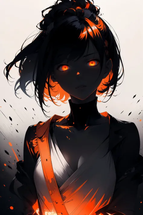 (masterpiece:1.0), (highest quality:1.0), (hdr:1.0), (1girl:1.2), neon clothes, (orange eyes:1.1), (glowing eyes:1.2), (dual toned hair:1.2),(black and white hair:1.1), (glowing hair:1.2), (looking at viewer:1.1)