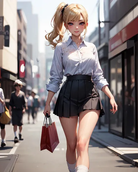 ultra realistic 8k, picture-perfect face, flawless, clean, masterpiece, cinematic light, cinematic bloom, perfect face, beautiful face, extremely detailed eyes, ((perfect female body, narrow waist)), shibuya, , shopping, walking in downtown tokyo, 1girl, eye contact, (intricate detail, sexy, cute, alluring, seductive, erotic), smiling, (masterpiece:1.2, best quality), (masterpiece, best quality, ultra-detailed), ((gal, gyaru)), tanned skin, dress shirt, midriff, skirt, ((loose socks)), long wavy blonde hair, side ponytail, makeup, <lora:more_details:0.35>, (blurry background:1.4)